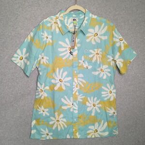 New Quiksilver Mens L Floral Button Up Shirt Short Sleeve Stretch Beach Vacation